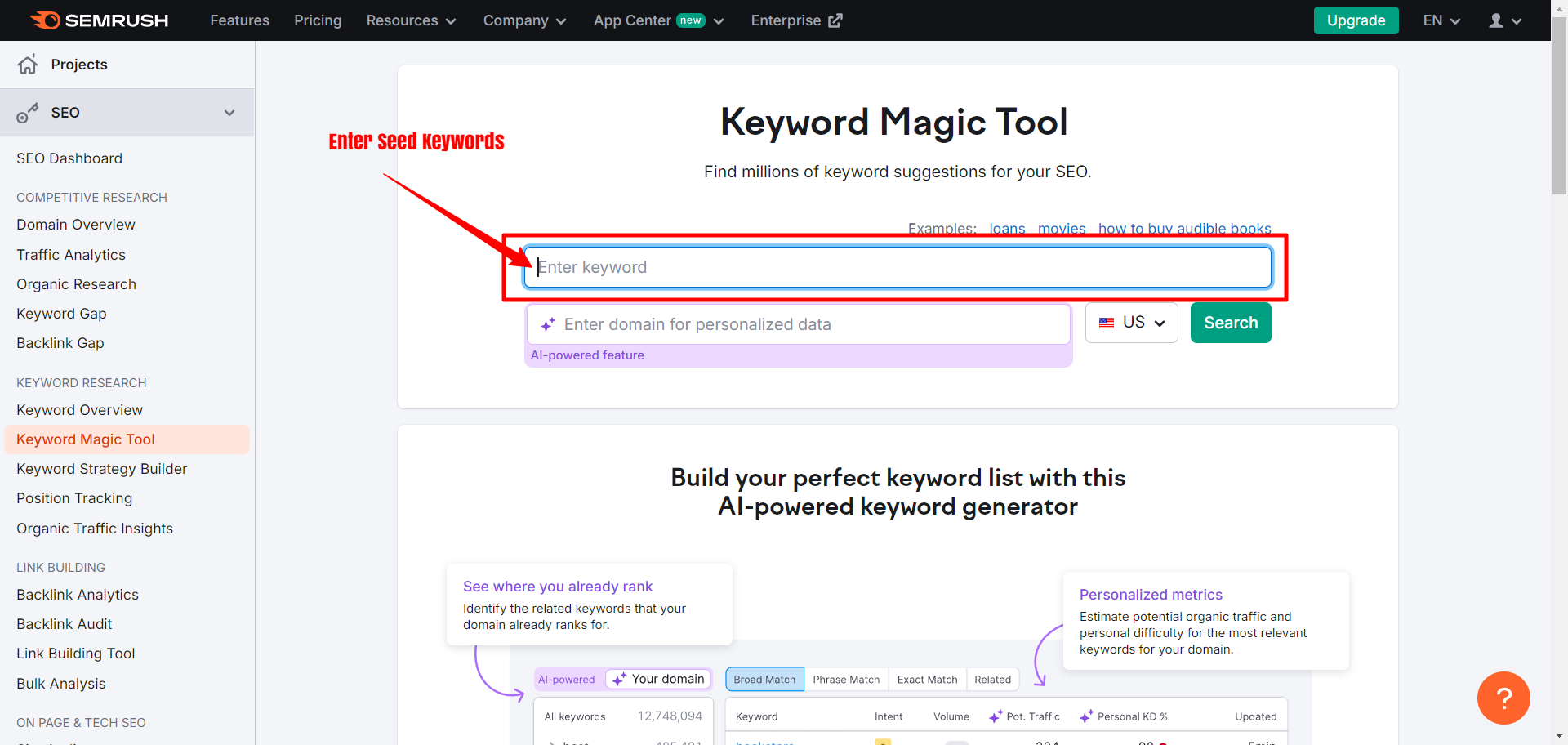 enter keySemrush keyword magic tool login